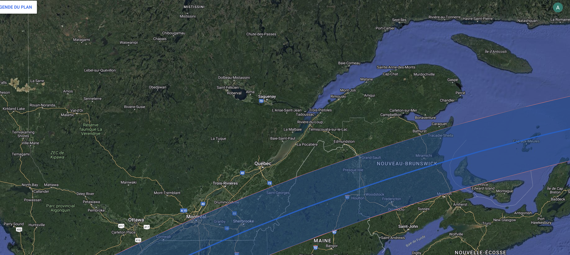 8 avril journée de l'Éclipse  Carte-Quebec-entier